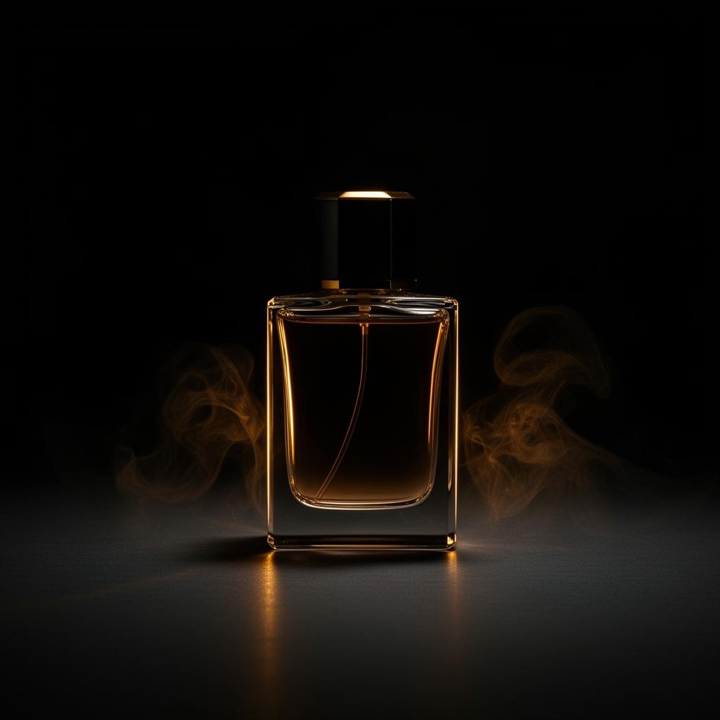 Frasco de perfume de luxo em iluminação dourada dramática